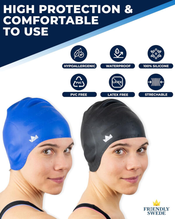 689c628abe098e82d242a68efae1f5de6e998fbde5aa8c01d8cdd.jpg The Friendly Swede Swim Caps for Women & Men — Silicone Swimming Caps for Medium & Long Hair Waterproof & Keep Hair Dry Easy to Take On and Off with Extra Ear Space - 2-Pack