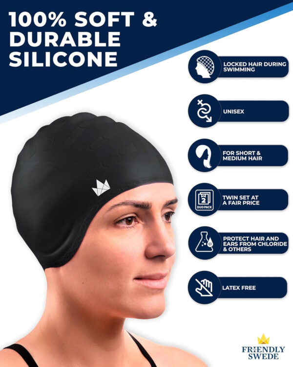 689c628c7b1d44d49ade47c256f04357c0ad9d03ad574d6e18c79.jpg The Friendly Swede Swim Caps for Women & Men — Silicone Swimming Caps for Medium & Long Hair Waterproof & Keep Hair Dry Easy to Take On and Off with Extra Ear Space - 2-Pack