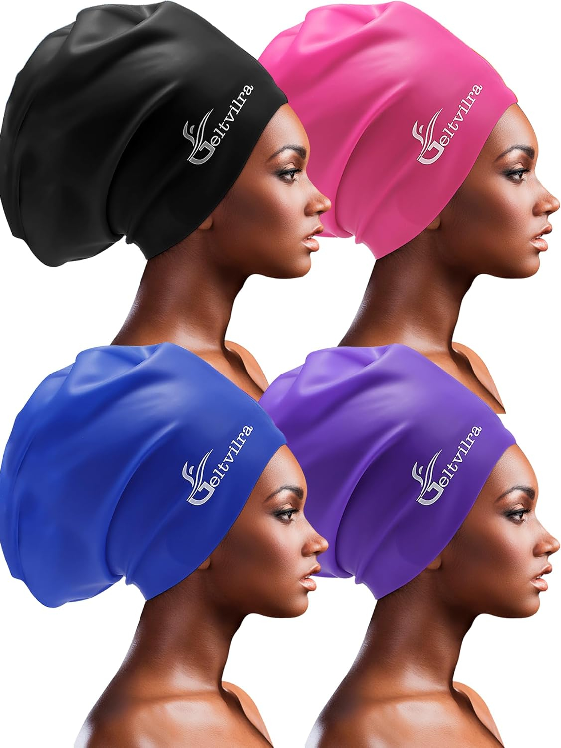 4 Pack Silicone Extra Large Swim Caps for Braids and Dreadlocks Black Women Men Long Hair Swimming Waterproof Pool