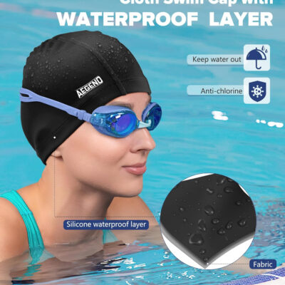 Aegend Fabric Swim Cap, Silicone Waterproof Layer - Breathable Cloth Swimming Cap, Keep Hair Dry with Hight Elasticity for Youth(8-16) Adult, 2 Sizes to Choose