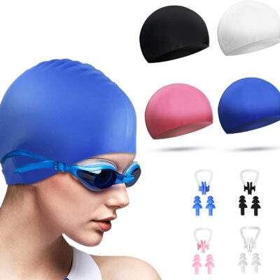 689c63a1ecf4835c1da2b91b65ce528e8076d4e0a13d5a7a05f7f.jpg DECYOOL 4 Sets Silicone Swim Cap,Waterproof Swimming Cap with Silicone Nose Clip & Earplugs Cover Ears