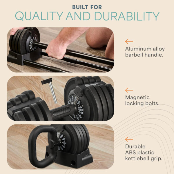Lifepro Adjustable Dumbbells Set - 5in1-15lb 25lb 43lb 55lb weights Set & Single with Rack - Quick Adjust, Secure Grip - Compact Hand Weights for Men Women Home Gym