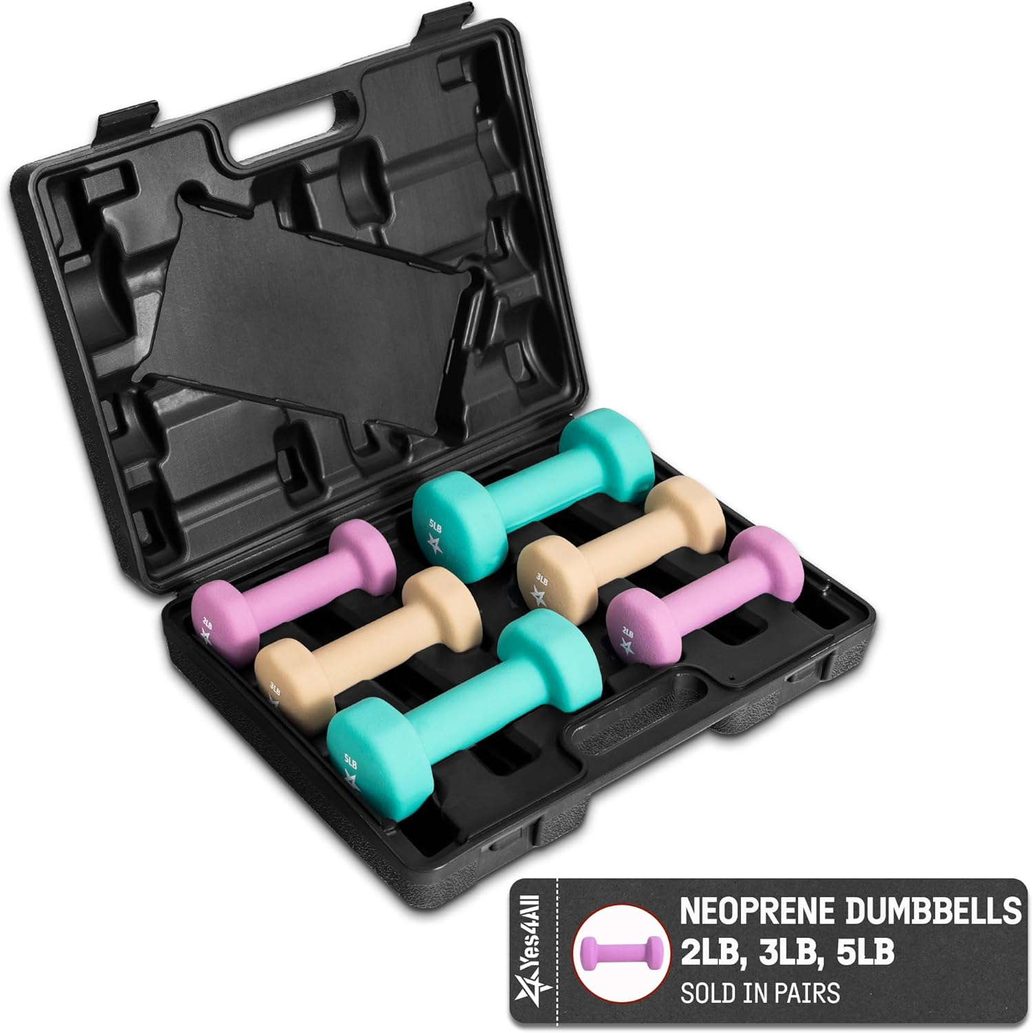 Yes4All Neoprene Coated Dumbbell Hand Weight Sets - Multiple Weight Options with Rack, Anti-roll, Anti-Slip, Hexagon Shape