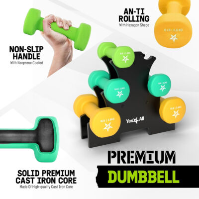 Yes4All Neoprene Coated Dumbbell Hand Weight Sets - Multiple Weight Options with Rack, Anti-roll, Anti-Slip, Hexagon Shape