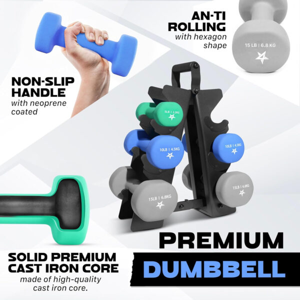 Yes4All Neoprene Coated Dumbbell Hand Weight Sets - Multiple Weight Options with Rack, Anti-roll, Anti-Slip, Hexagon Shape