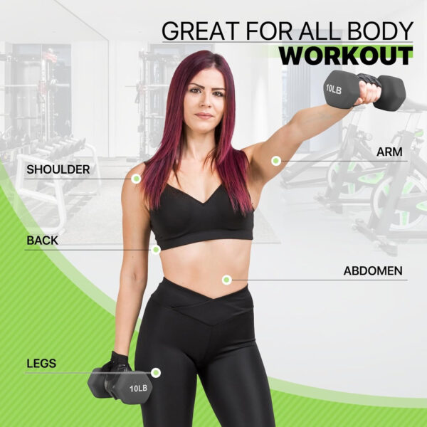 Neoprene Coated Dumbbell Hand Weights Set – 8LB, 10LB, 12LB, 15LB Pairs for Strength Training, Home Workouts and Full-Body Fitness, Hex Shape and Non-Slip Grip