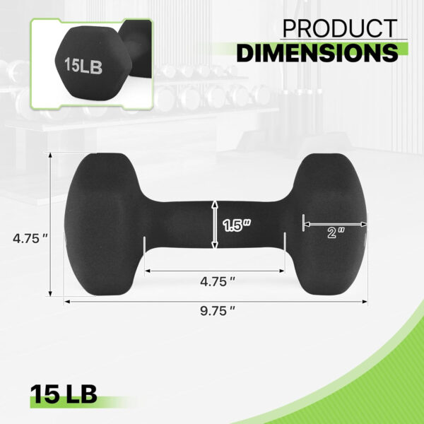 Neoprene Coated Dumbbell Hand Weights Set – 8LB, 10LB, 12LB, 15LB Pairs for Strength Training, Home Workouts and Full-Body Fitness, Hex Shape and Non-Slip Grip