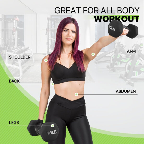 Neoprene Coated Dumbbell Hand Weights Set – 8LB, 10LB, 12LB, 15LB Pairs for Strength Training, Home Workouts and Full-Body Fitness, Hex Shape and Non-Slip Grip