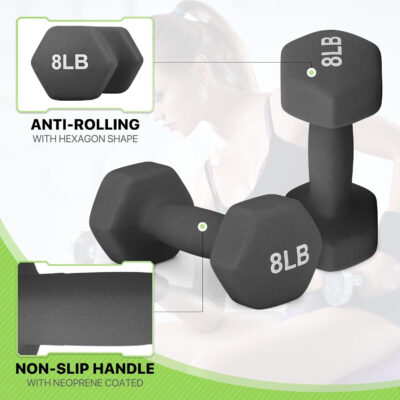 Neoprene Coated Dumbbell Hand Weights Set – 8LB, 10LB, 12LB, 15LB Pairs for Strength Training, Home Workouts and Full-Body Fitness, Hex Shape and Non-Slip Grip