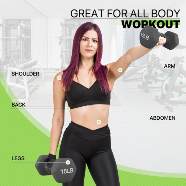 Neoprene Coated Dumbbell Hand Weights Set – 8LB, 10LB, 12LB, 15LB Pairs for Strength Training, Home Workouts and Full-Body Fitness, Hex Shape and Non-Slip Grip