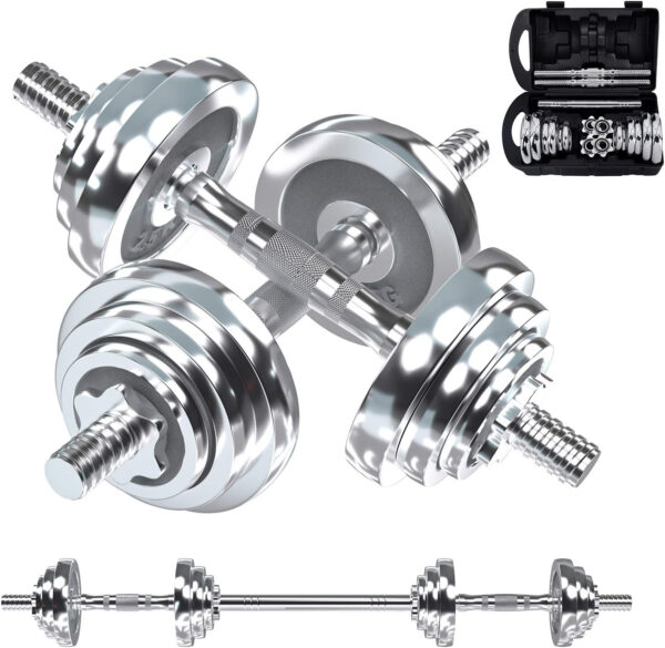 VIVITORY Fitness Dumbbells Set, Adjustable Weight Sets up to 11/22/44/66/110 lbs, with Metal Connecting Rod Used As Barbell, Chromed Weights, Hardcover Gift Box, Home Gym Work Out Training Equipment