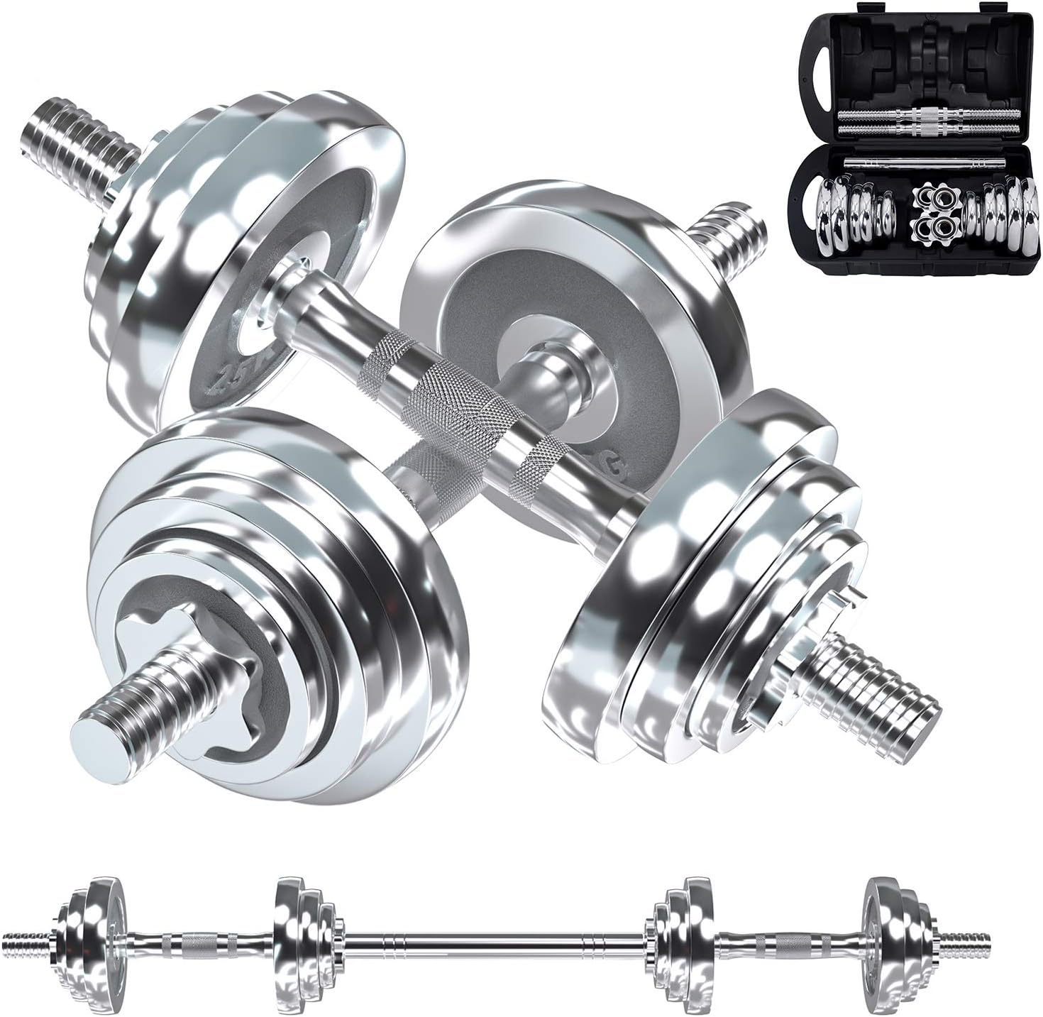 VIVITORY Fitness Dumbbells Set, Adjustable Weight Sets up to 11/22/44/66/110 lbs, with Metal Connecting Rod Used As Barbell, Chromed Weights, Hardcover Gift Box, Home Gym Work Out Training Equipment