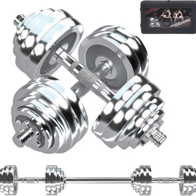 VIVITORY Fitness Dumbbells Set, Adjustable Weight Sets up to 11/22/44/66/110 lbs, with Metal Connecting Rod Used As Barbell, Chromed Weights, Hardcover Gift Box, Home Gym Work Out Training Equipment