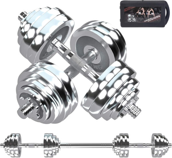 VIVITORY Fitness Dumbbells Set, Adjustable Weight Sets up to 11/22/44/66/110 lbs, with Metal Connecting Rod Used As Barbell, Chromed Weights, Hardcover Gift Box, Home Gym Work Out Training Equipment