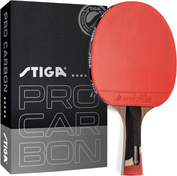 689c7c6a83e82852e06d2a87fd9f58e76370baa69646923694f17.jpg STIGA Pro Carbon Performance-Level Table Tennis Racket with Carbon Technology for Tournament Play - Red and Blue Colors