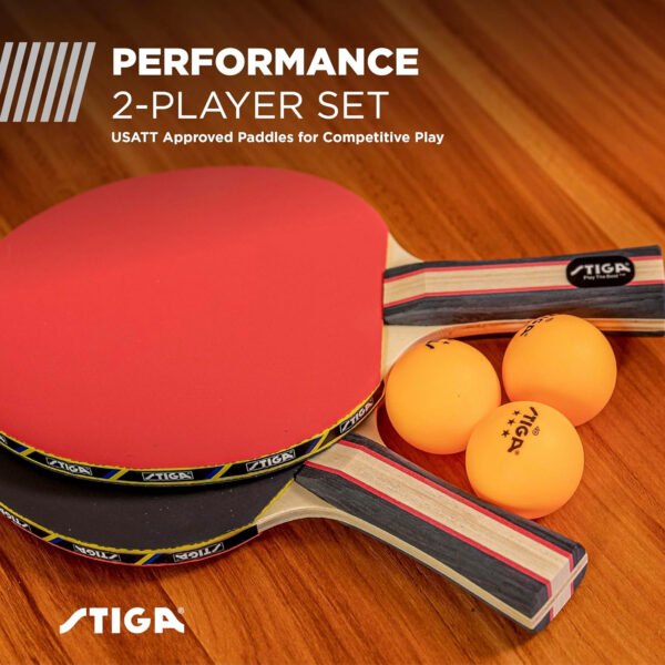 689c7ca1c75a37cc1c6ed1851f5110b48db4324e1437ada6658fd.jpg STIGA Performance 2 or 4 Player Table Tennis Set – USATT Approved Rackets and 3-Star Balls – 5-Ply Blade & Flared Handle – Perfect for Skill Development