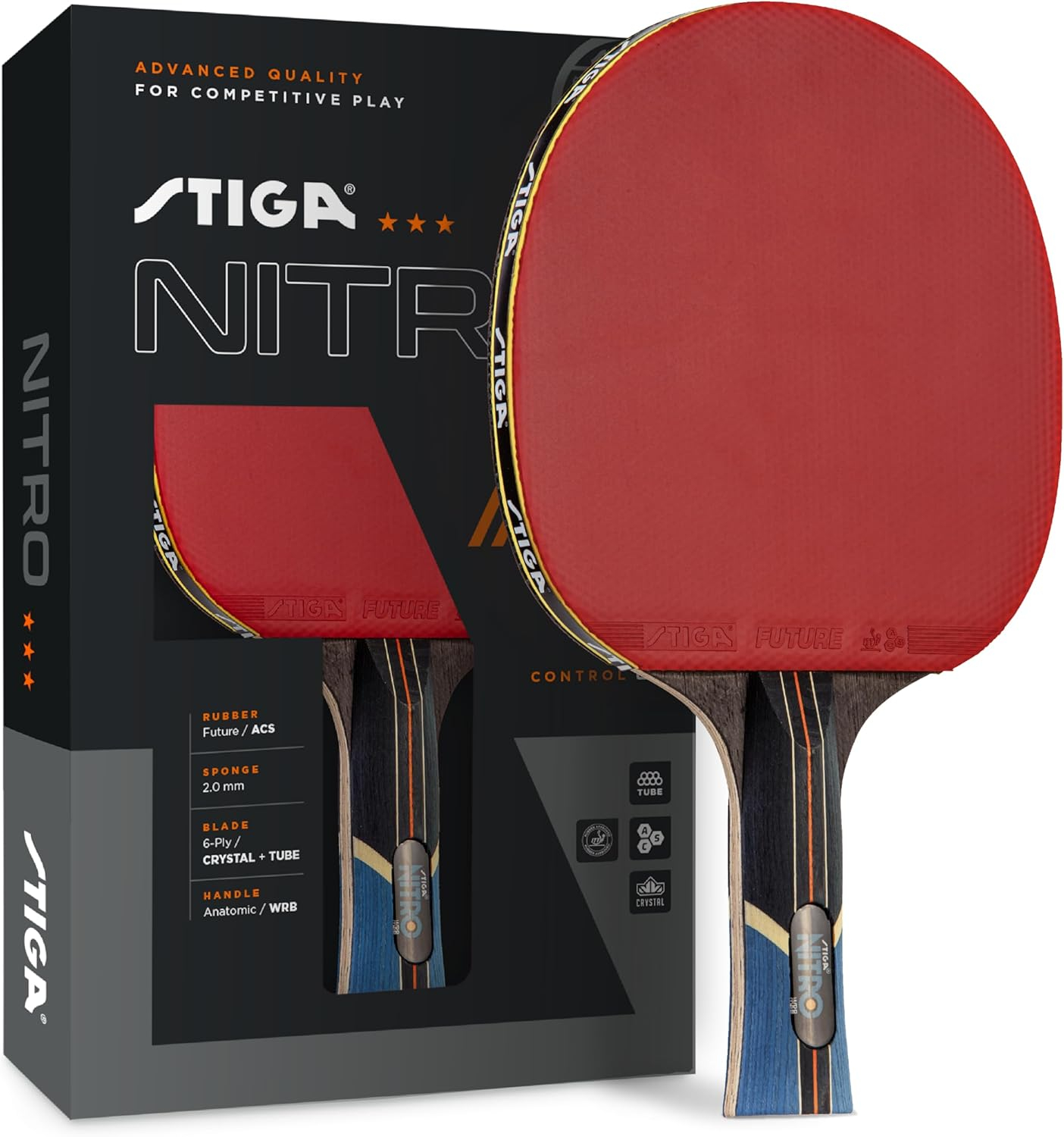 STIGA Nitro Performance Ping Pong Paddle - 6-ply Light Blade - 2mm Premium Sponge – Flared Handle for Exceptional Grip - Performance Table Tennis Racket for Serious Play