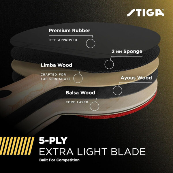 689c7f646e8da6d459d1aee32c8d64191ff34005a5deaa9f0d07b.jpg STIGA Bullet Ping Pong Paddle – 5-ply Extra Light Blade – 2mm Premium Sponge – Flared Handle for Masterful Grip – Performance Table Tennis Racket for Competitive Play