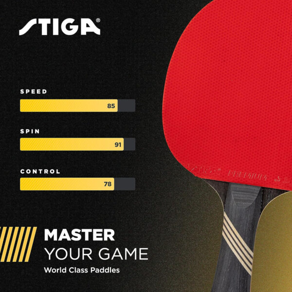 689c7f684a036f367663c7aabedd8e40f653964a0cc48f4c4c86e.jpg STIGA Bullet Ping Pong Paddle – 5-ply Extra Light Blade – 2mm Premium Sponge – Flared Handle for Masterful Grip – Performance Table Tennis Racket for Competitive Play