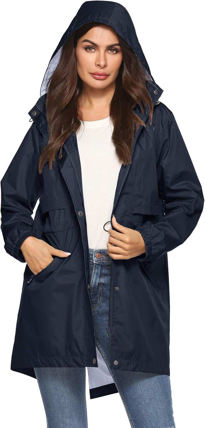 Avoogue Womens Raincoats Waterproof Cinch Waist Breathable All Weather Jacket Long