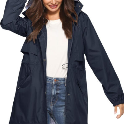 689c8d52bd1d67e59f9170688f662f0003742161d6951d19cbbf6.jpg Avoogue Womens Raincoats Waterproof Cinch Waist Breathable All Weather Jacket Long