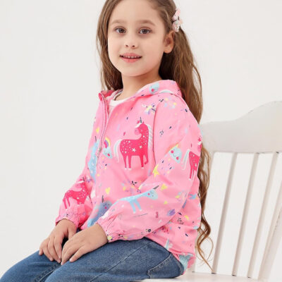 Feidoog Kids Baby Toddler Girls Cartoon Spring Fall Outerwear Windbreaker Zipper Hooded Jackets Coat